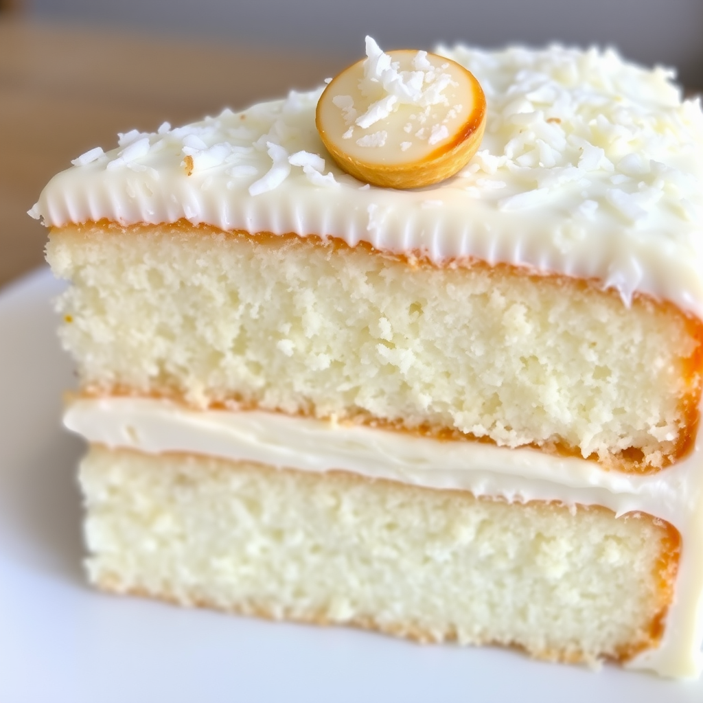 A close-up of a slice of white cake with layers of creamy frosting and a sprinkle of shredded coconut on top, featuring a small round decorative coconut treat resting on the cake's surface. The cake has a moist texture and a light, airy appearance, showcasing its delicious layers.