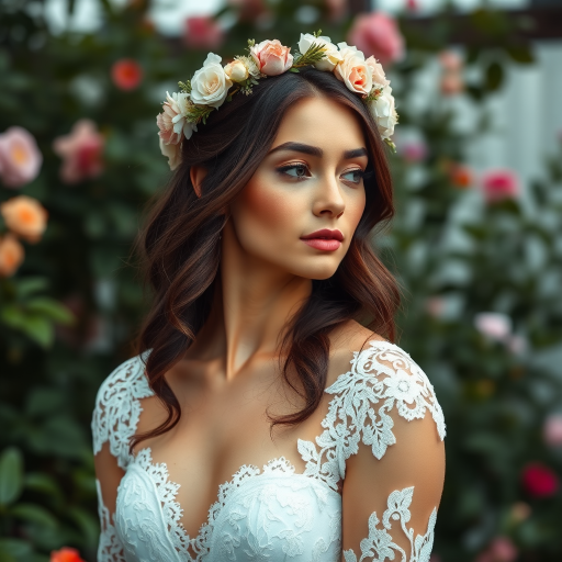 Garden scene, bridal model, delicate lace gown, floral headpiece, soft romantic focus, high-key lighting and an 85mm lens for soft, even tones that highlight the model’s face and bright outfit against a white or light background