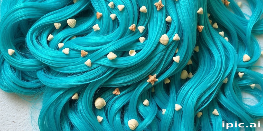 Vibrant teal mermaid waves cascade down to the waist, shimmering with iridescent highlights and adorned with tiny seashells, creating a mesmerizing oceanic allure named Aquamarine Siren