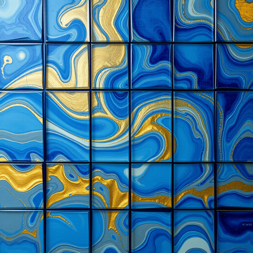 high-resolution abstract art featuring a grid of swirling colors in shades of blue, gold, and cream, shot with a DSLR camera at f/8, ISO 100, 1/60s, top-down view, macro lens for detail enhancement