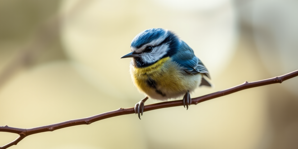 close-up of a blue tit bird perched on a branch, soft natural lighting, shallow depth of field, 85mm lens, aperture f/2.8, ISO 200, DSLR camera, focus on the bird with a blurred background