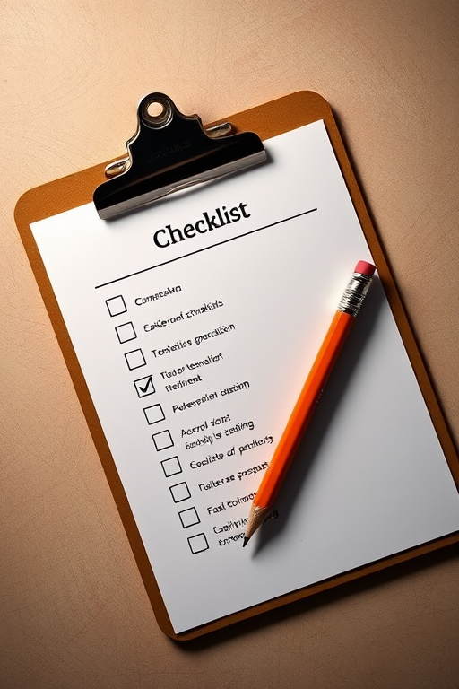 create a checklist on a clipboard with a pencil resting on it, high resolution, focus on details, ISO 100, aperture f/2.8, focal length 50mm, top-down view, studio lighting, digital camera