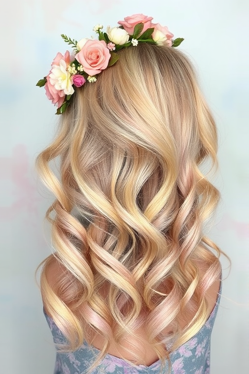Romantic watercolor balayage blending soft pastels reminiscent of Monet's paintings, styled in loose romantic curls with floral hair accessories