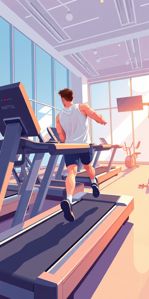 Generate an illustration of a man running on a treadmill in a bright, modern gym setting, using a high-resolution digital art style, captured from a slightly elevated angle with a focus on dynamic movement, using 50mm lens at f/2.8, ISO 100, and a shutter speed of 1/500s.