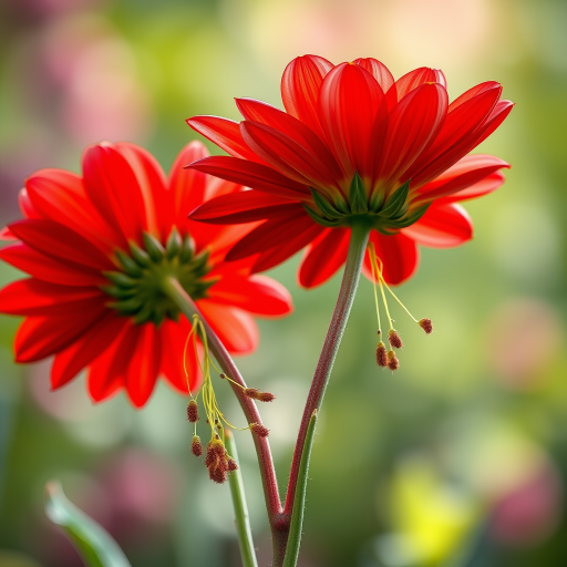 Create a vibrant digital illustration of two large, stylized red flowers with layered petals and green stems, using a Canon EOS 5D Mark IV, aperture f/2.8, ISO 100, 50mm lens, in a macro photography style with soft focus background to enhance color saturation and depth.