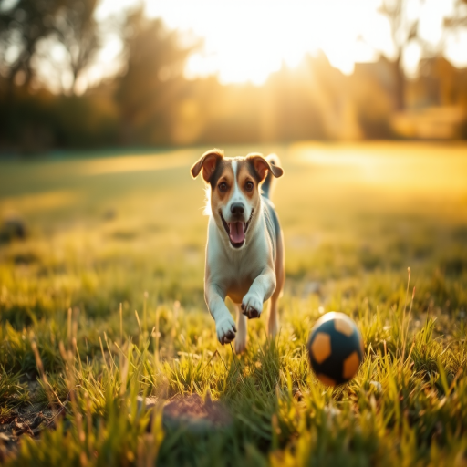 Blurry action shot of a dog chasing a ball through a sunlit field, soft golden light casting long shadows on the grass, with trees softly blurred in the distance.