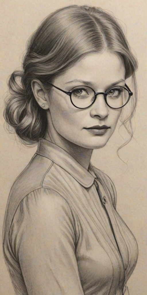 Ravishing Emilie de Ravin, pencil sketch, portrait of Fetching woman 1926s in glasses, hair style beatnik, outline, clear lines, fine lines, 8k