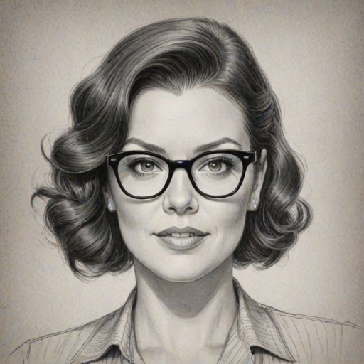 Radiant Bellamy Young, pencil sketch, portrait of Captivating woman 1938s in glasses, hair style beatnik, outline, clear lines, fine lines, 8k