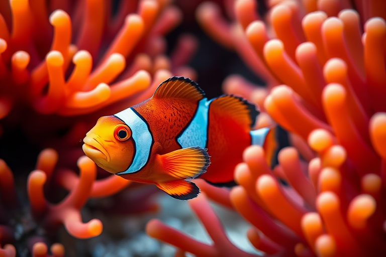 A vivid clownfish swimming among vibrant anemone tentacles, captured with a Canon EOS 5D Mark IV, 50mm lens, f/2.8 aperture, ISO 200, in macro view with soft bokeh background to enhance underwater colors and details.