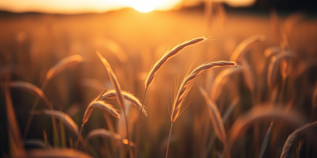 Generate a close-up image of swaying grass in a field during golden hour with a shallow depth of field, using a DSLR camera at f/2.8, ISO 100, shutter speed 1/200, 50mm lens, soft focus background, and natural light.