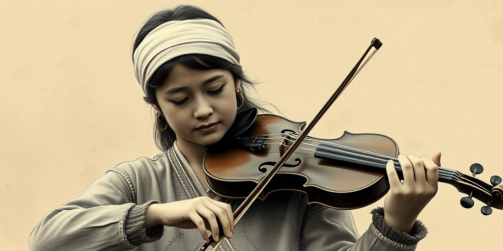 a young Kyrgyz woman with a white headband playing a violin, in the style of a charcoal drawing, sepia grunge background