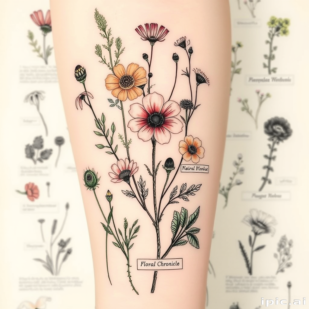 Botanical illustrative tattoo titled "Floral Chronicle" showcasing a detailed array of native wildflowers and herbs, with scientific labels and delicate shading to mimic vintage botanical drawings
