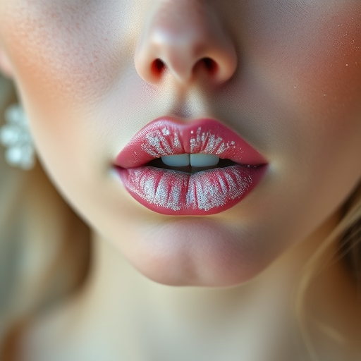 Angelic woman lips enhanced with frosted white shimmer, full face capture evoking ethereal beauty and celestial grace