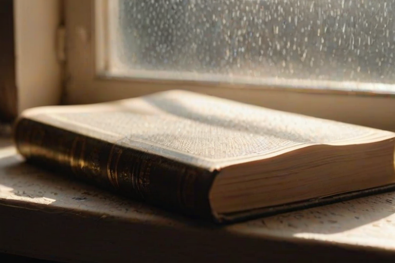 Sharp, detailed close-up of a book resting on a windowsill, soft sunlight streaming through the window, tiny dust particles visible in the air, the smell of old pages and ink lingering in the background.