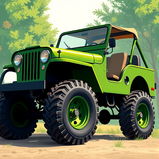 Regenerate a vibrant illustration of a green vintage Jeep with oversized tires, focusing on detail and shading, using a DSLR camera at f/8 aperture, 50mm lens, 1/250 sec shutter speed, natural lighting with a slight vignette effect.