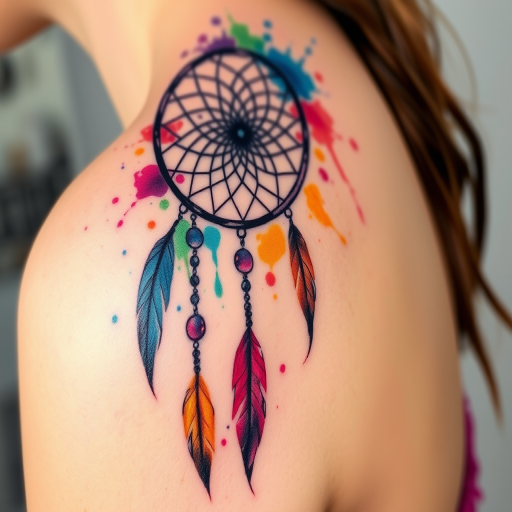 Abstract watercolor tattoo of a dreamcatcher on the shoulder, with splashes of vibrant colors blending seamlessly into feathers and beads