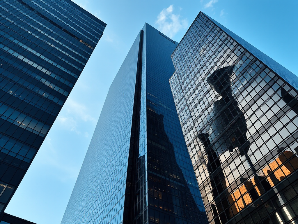 high-resolution image of modern skyscrapers with reflective black glass facades, taken from a low angle view, f/8 aperture, ISO 100, 24mm focal length, DSLR camera, natural daylight settings