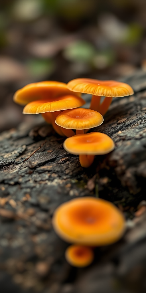 Capture a close-up of vibrant orange mushrooms growing on a log, using a DSLR camera with a 50mm lens, aperture set to f/2.8 for a shallow depth of field, ISO 200 for fine detail, and natural light for soft illumination.