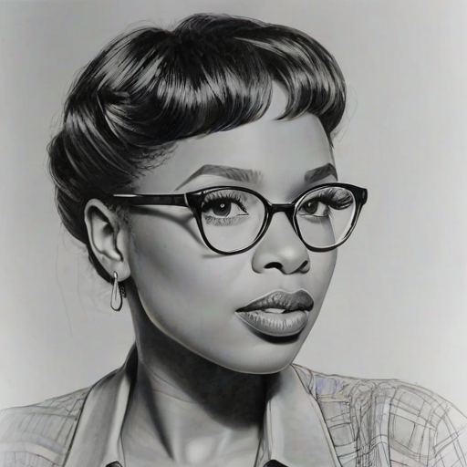 Enchanting Jennifer Hudson, pencil sketch, portrait of Lovely woman 1936s in glasses, hair style beatnik, outline, clear lines, fine lines, 8k