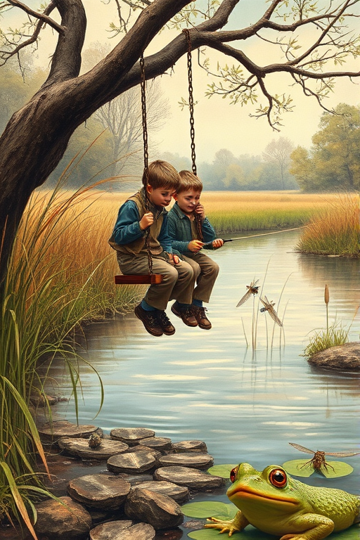 Imagine a small group of old fashioned young boys out fishing by the creek, a swing hanging from a tree branch, reeds and grasses by the water's edge, a frog sitting on a lily pad, dragonflies hovering over som water plans, a very iconic old fashioned scene reminiscent of a Norman Rockwell painting style