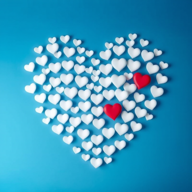 Create an image of a gradient blue background with a large heart made of smaller white hearts, include one small red heart, use a DSLR camera with a focal length of 50mm, aperture set to f/1.8, shot in landscape orientation, and high dynamic range settings for enhanced detail.
