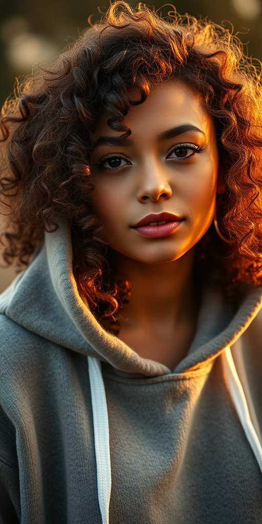 portrait of a woman with curly hair wearing a cozy hoodie, soft golden hour lighting, shallow depth of field, 50mm lens, f/1.8, ISO 200, natural light, DSLR camera, warm color tones