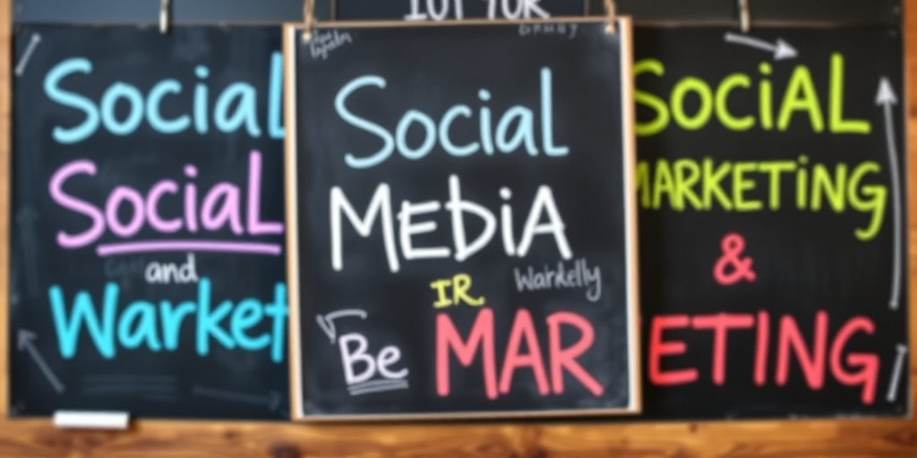 Generate an image of three overlapping chalkboards with colorful text related to social media and marketing, using a shallow depth of field, ISO 100, aperture f/2.8, 50mm lens, captured from a slightly elevated angle.