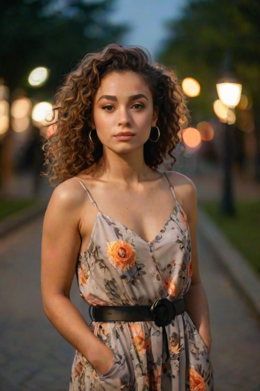 Midshot, woman, dusk setting, outdoor, floral dress, black belt, standing, bokeh background, street lights, tree-lined pathway, medium shot, contemplative expression, curly hair, natural makeup, hoop earrings, hand in pocket, warm color tone, blurred background, shallow depth of field, fashionable attire, young adult, dusk lighting