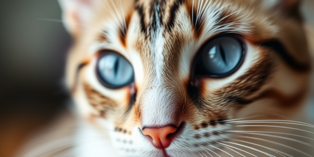 close-up of a cat's face focusing on its striking blue eyes, shallow depth of field, f/2.8 aperture, 50mm lens, natural light, DSLR camera, macro photography style