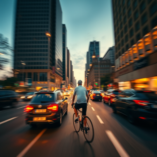 Blurry, fast-motion shot of a cyclist riding through a busy city street at dusk, headlights of cars and streetlights forming glowing streaks in the background, tall buildings casting long shadows, and the rush of evening traffic filling the air.