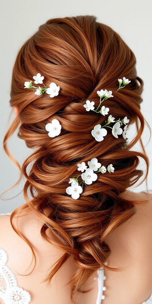 Romantic hair style displaying soft auburn waves pinned into a loose low chignon with delicate floral accessories woven throughout