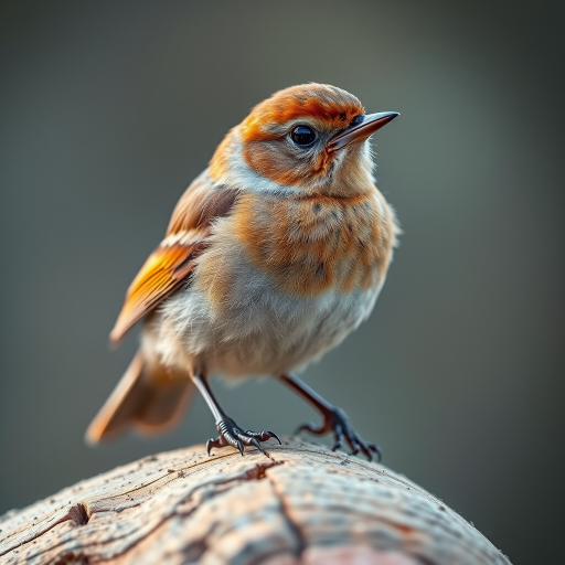 Create a highly detailed close-up image of a small brown bird perched on a wooden log, focusing on the bird's textures and colors with a shallow depth of field to blur the background, using a Canon EOS R5 camera with a 100mm macro lens, aperture set to f/2.8, ISO 200, shutter speed 1/500 sec, in natural light for an enhanced and vibrant appearance.