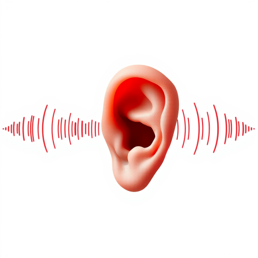 Create a high-quality vector image of an ear with sound waves emanating from it, using a Canon EOS R5, aperture f/2.8, shutter speed 1/200s, ISO 100, shot from a slight angle to emphasize depth with a clean white background.