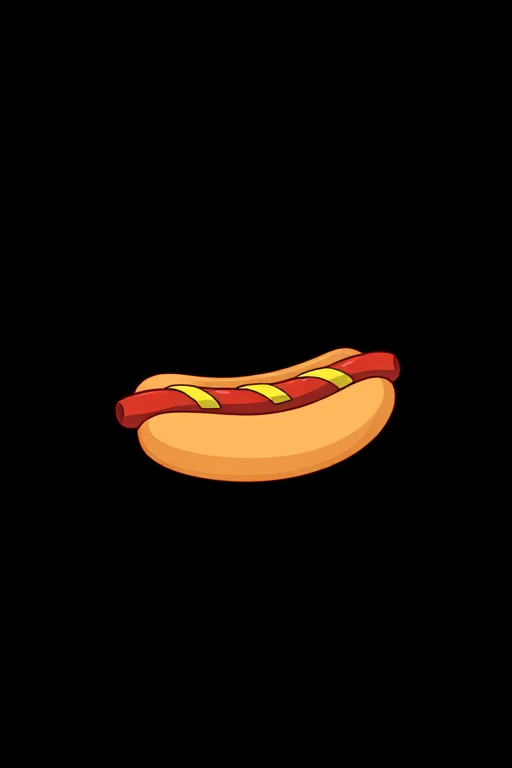 Create a cartoon-style illustration of a hot dog centered on a plain black background, using a Canon EOS R camera with a 50mm f/1.8 lens, set to an aperture of f/2.8, ISO 100, and a shutter speed of 1/60 sec, focusing on vibrant colors and smooth lines.