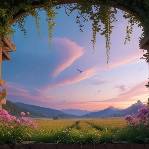 Serene Sunset View Through a Lush Garden Archway into Nature