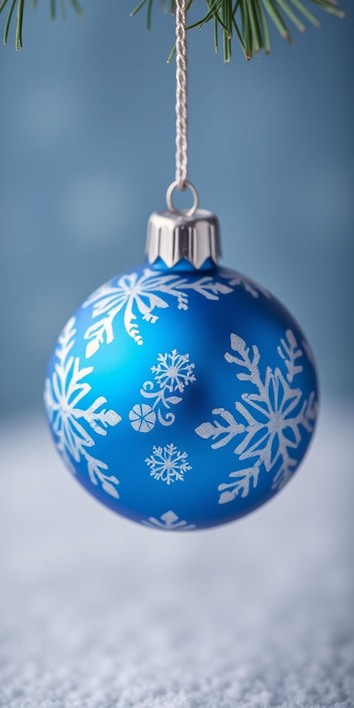 Create a vibrant blue Christmas ornament with intricate white snowflake designs, using a Canon EOS 5D Mark IV, aperture f/2.8, ISO 100, 50mm lens, with a soft focus background to enhance the ornament's details and colors.