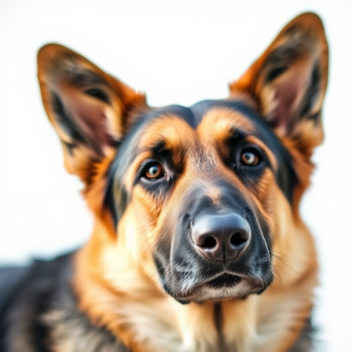 Create a close-up portrait of a German Shepherd with a softly blurred white background, shot in natural light, using a DSLR camera with a 50mm lens at f/2.8, ISO 100, with a shallow depth of field to highlight the dog's features.