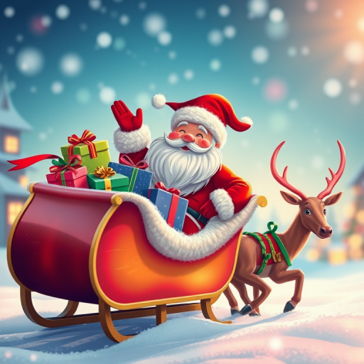 Create a vibrant and festive illustration of Santa Claus in a sleigh filled with colorful Christmas presents being pulled by two reindeer, using a Canon EOS R5 camera with a 50mm lens, f/1.8 aperture, ISO 100, and a bright soft focus effect for enhanced clarity and color saturation.