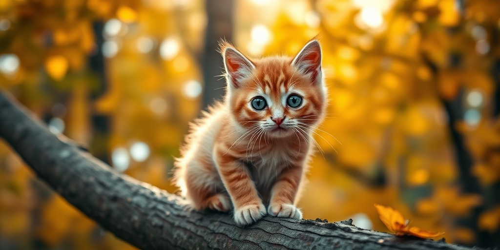 a fluffy ginger kitten with large expressive eyes sitting on a tree branch in a vibrant autumn forest, soft golden light filtering through the leaves, shallow depth of field, aperture f/2.8, 50mm lens, DSLR camera, high-resolution photography