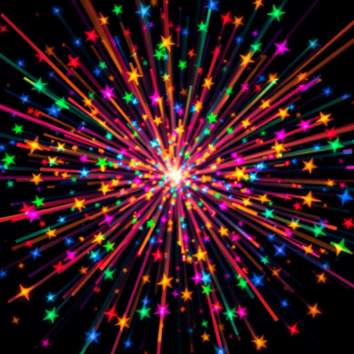 Generate a vibrant explosion of colorful stars radiating light in a black background with a DSLR camera at f/2.8, ISO 100, 50mm lens, and shot from a low angle with a soft-focus background to enhance image quality.