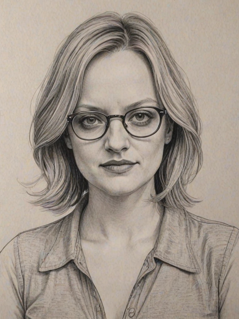 Superb Elizabeth Moss, pencil sketch, portrait of Splendid woman 1972s in glasses, hair style beatnik, outline, clear lines, fine lines, 8k