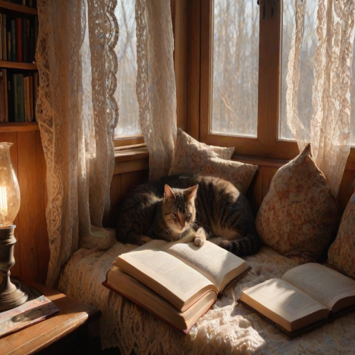 Warmly lit photo of a cozy reading nook by a window, with soft light streaming through lace curtains, a stack of books on a wooden shelf, and a cat curled up on a cushion.
