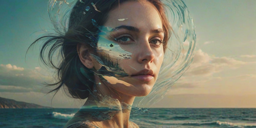 this picture is Book cover, A surreal double exposure portrait that blends a woman's face with a beautiful seascape. The overall mood is dreamy and mystical, with rich colors and intricate details