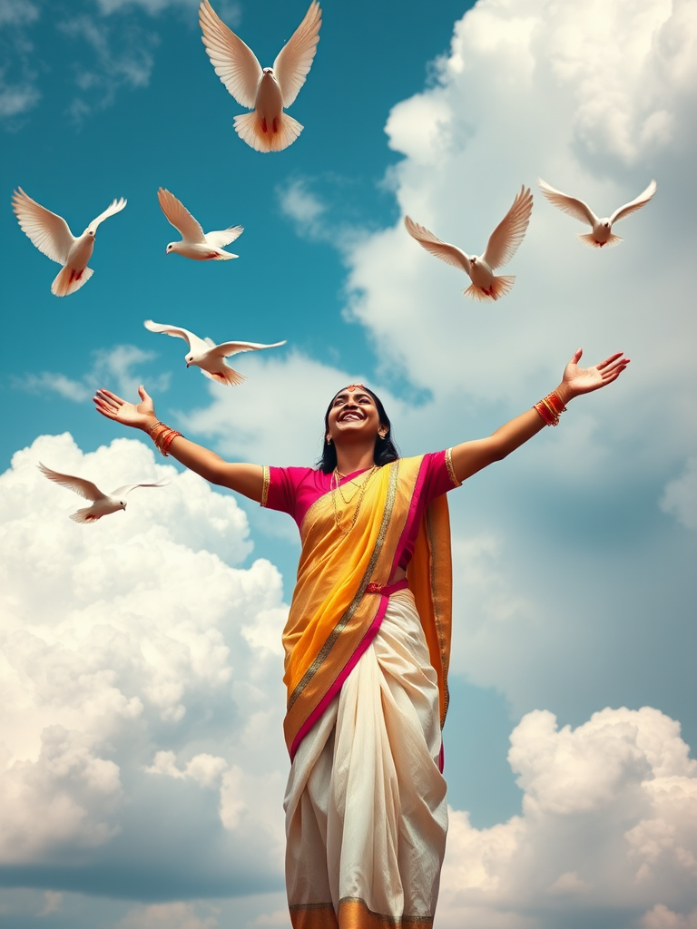 Create an image of a joyful figure in traditional Indian attire, arms outstretched, surrounded by flying doves against a dramatic sky with fluffy clouds, captured with a Canon EOS 5D Mark IV, using an aperture of f/2.8, shutter speed of 1/500s, ISO 100, at a mid-range perspective in natural lighting for vibrant colors and sharp details.
