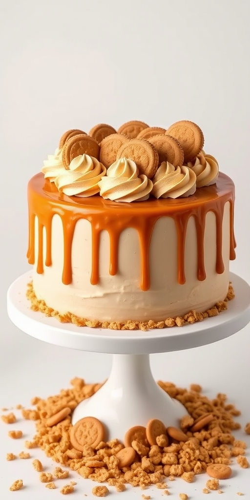 Create an image of a round cake with a smooth beige frosting topped with swirls of light brown buttercream and decorated with biscuit cookies arranged on top. The cake has a glossy caramel drizzle cascading down the sides and is surrounded by a base of crushed cookies. It is displayed on a white cake stand against a plain background.