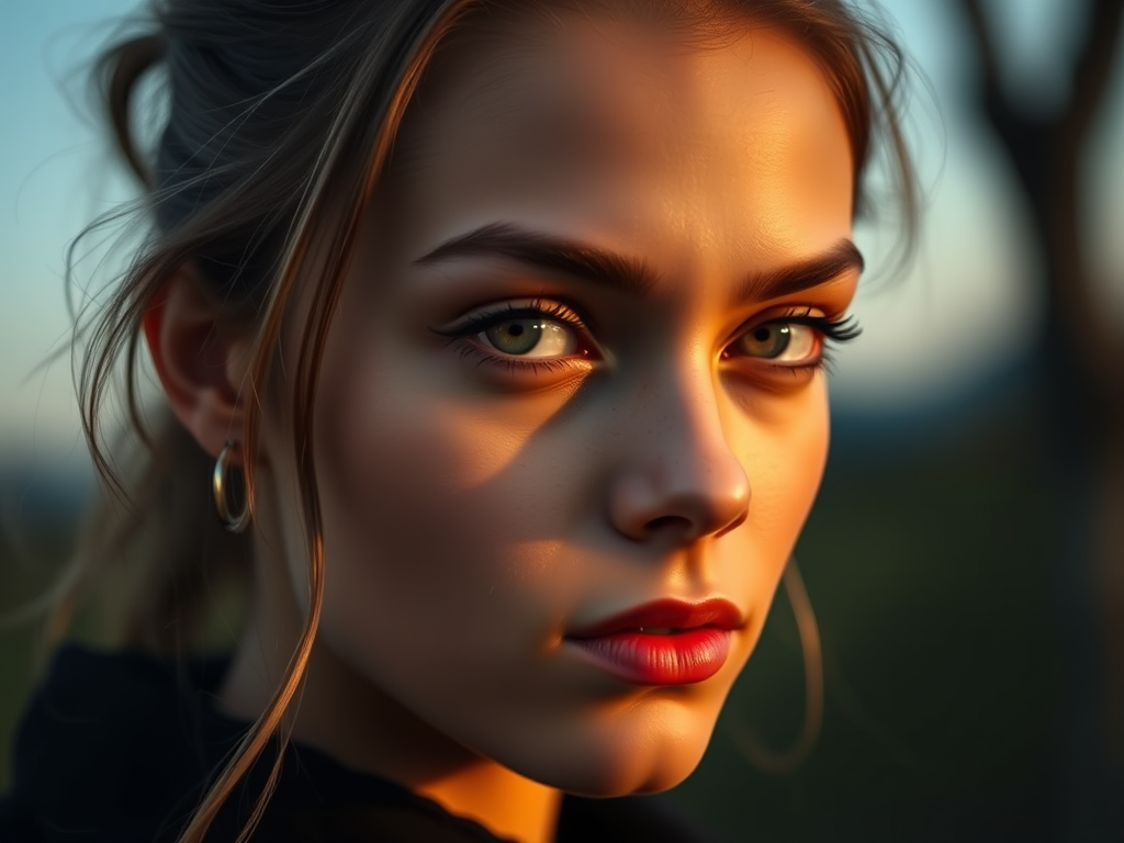 portrait of a young woman with striking features and expressive eyes, shallow depth of field, soft natural lighting, 85mm lens, aperture f/1.4, ISO 100, shot at dusk, using a full-frame DSLR camera.