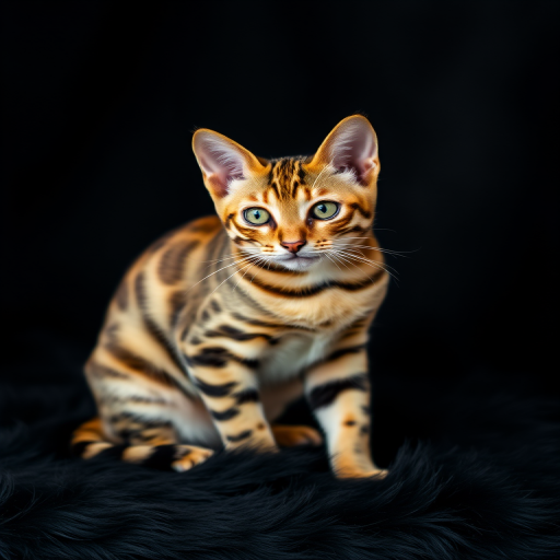 Bengal cat sitting on black fur background, portrait style, 50mm lens, f/1.8 aperture, ISO 200, soft natural lighting, DSLR camera.