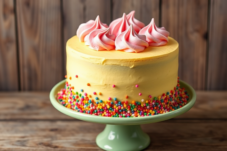 A colorful cake with a smooth yellow frosting decorated with pink whipped cream dollops on top and vibrant sprinkles all around the sides displayed on a light green cake stand with a rustic wooden background