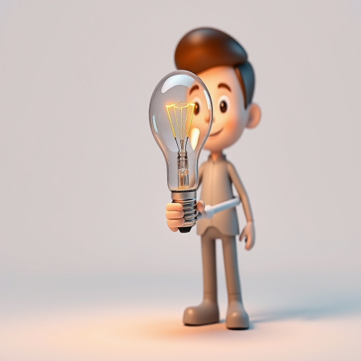 3D character holding a light bulb, white background, soft lighting, high-resolution, ISO 100, f/2.8, 50mm lens, studio photography, focus on character with light bulb prominently displayed.