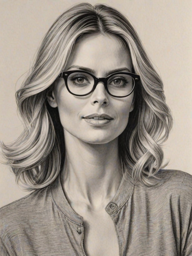 Splendid Heidi Klum, pencil sketch, portrait of Fascinating woman 1952s in glasses, hair style beatnik, outline, clear lines, fine lines, 8k